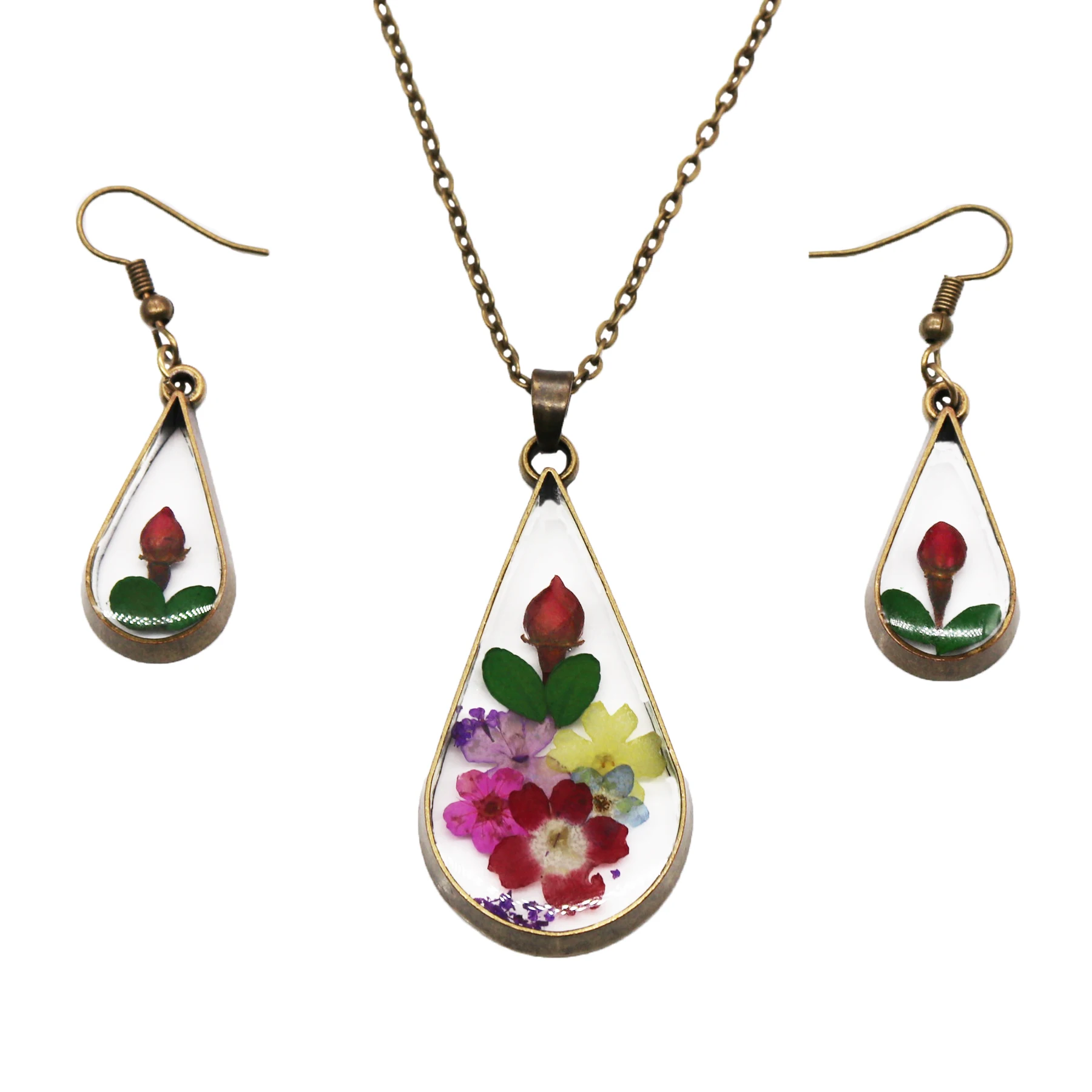 

2022 fashion jewelry set with real rose bud dried Flower Jewelry Set Wholesale