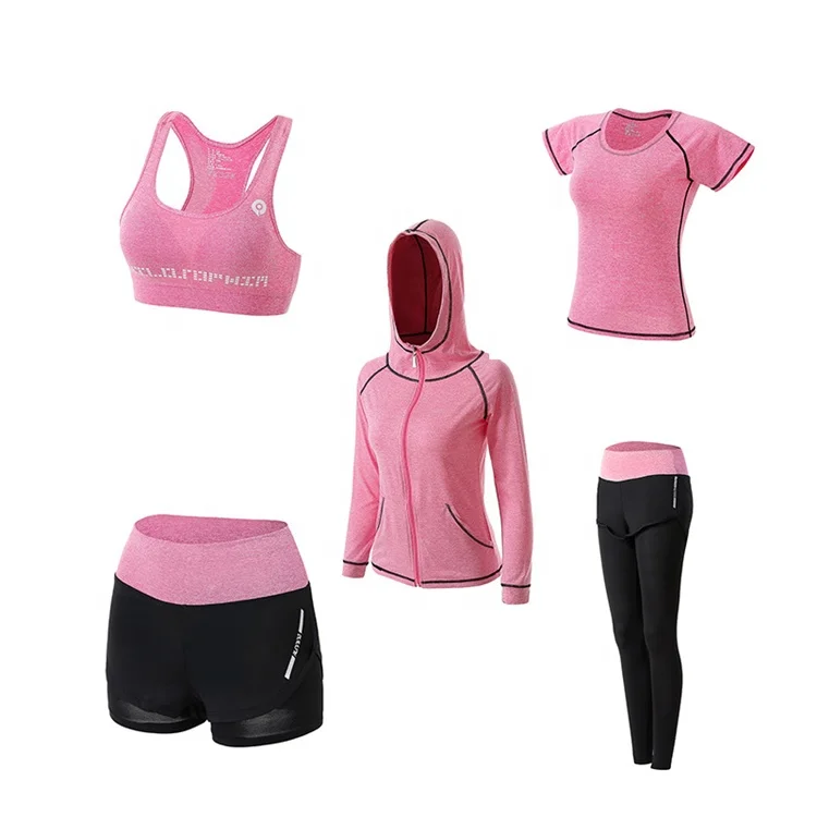 

OEM Custom Women Sportswear 5 - piece suit sets, Pink black green