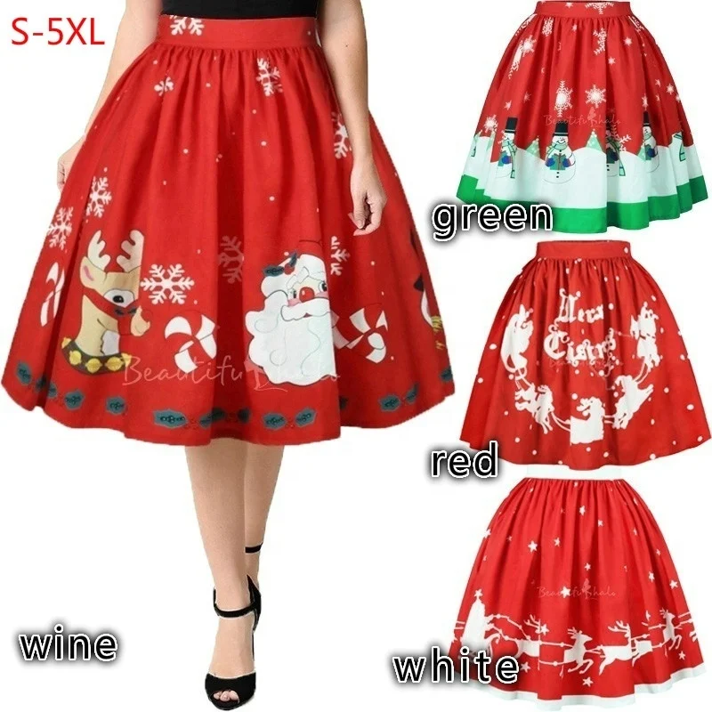 

Women A-Line Christmas Short Skirts Snowman Xmas Tree Santa Claus Reindeer Print Casual Mini Dress Plus Size S-5XL