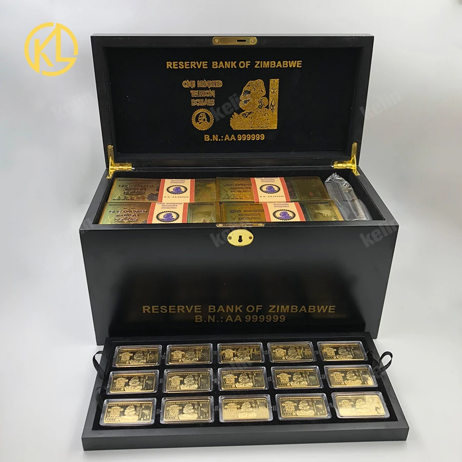 

Fedex Shipping 1280pcs One Hundred Trillion Dollars Zimbabwe Gold Banknote with 30 Gold Bar and 1wooden box and certificates