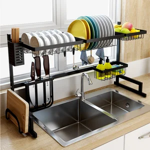Image of stainless steel with black coating kitchen organizer dish drainer Freestanding dish rack over sink