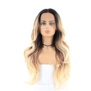 X-TRESS  Free Middle PartingBlonde Black Ombre Color Lace Front Synthetic Hair Wigs For Women  24inch Long Wavy Lace Frontal Wig