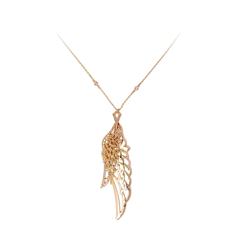 

xl01283d Ins Style 2019 Handmade Gold Plated Crystal Hollow Feather Angle Wing Pendant Chain Custom Necklace