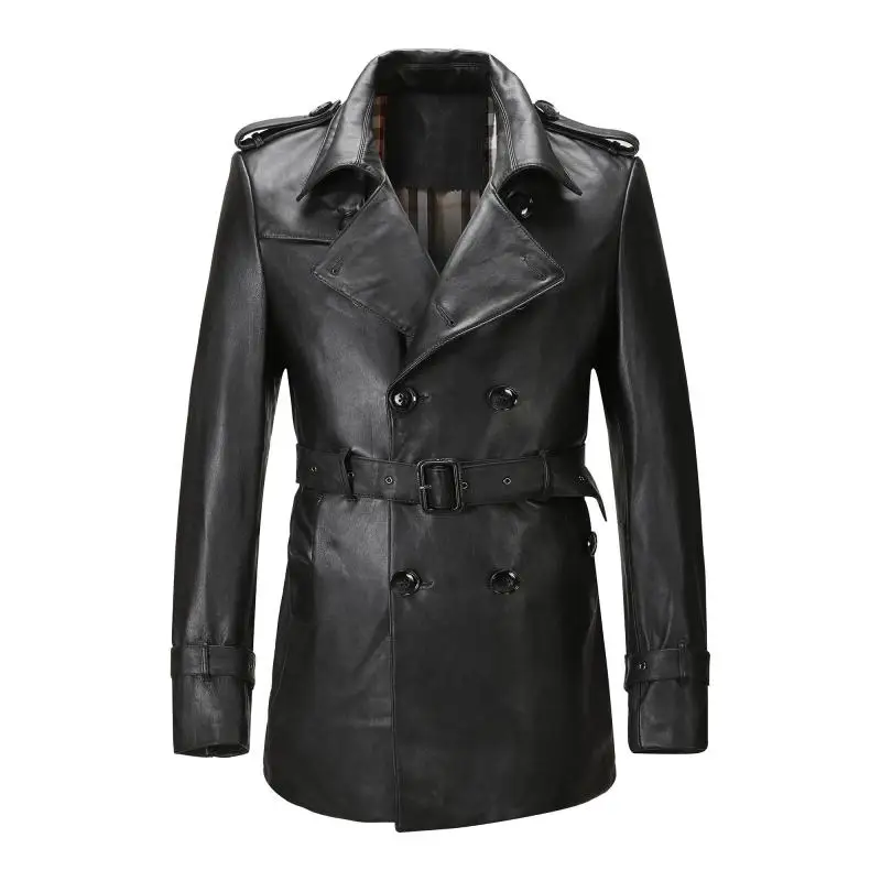 Compra mens de cuero negro gabardinas online al por mayor