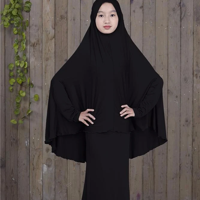 

popular Arab Islamic EID Burqa Dress Maxi Robe Outfits Muslim Children stretchable Hijab Abaya Sets for Girls