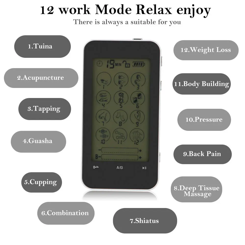12 Mode Digital TENS/EMS Full Body Massager Unit Touch Screen Therapy Device