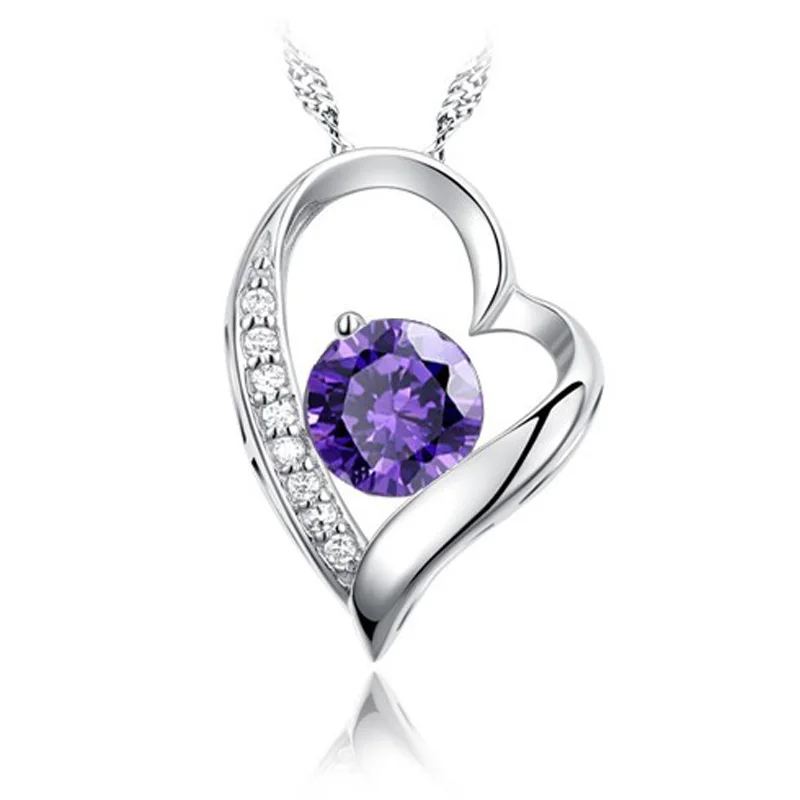 

New creative white purple rhinestone S925 silver zircon necklace heart shape simple style women's necklace jewelry
