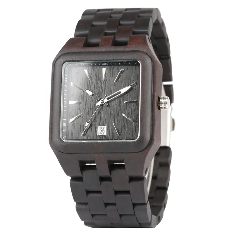 

Retro Men Square Wood Watch Japanese Quartz Luminous Pointers Wristwatch Custom Logo Assembly Lightweight uhr, Black