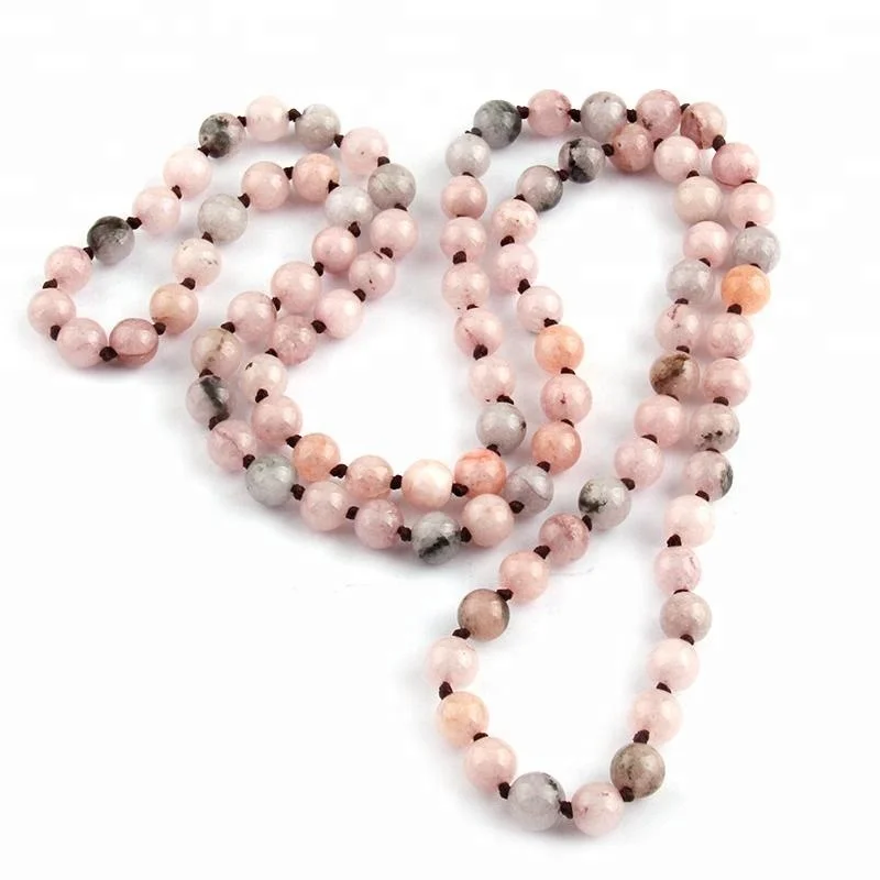 

Vintage jewelry Women ethnic Summer autumn long wrap Necklace, Knotted Pink Natural Stone Necklace, 6 color