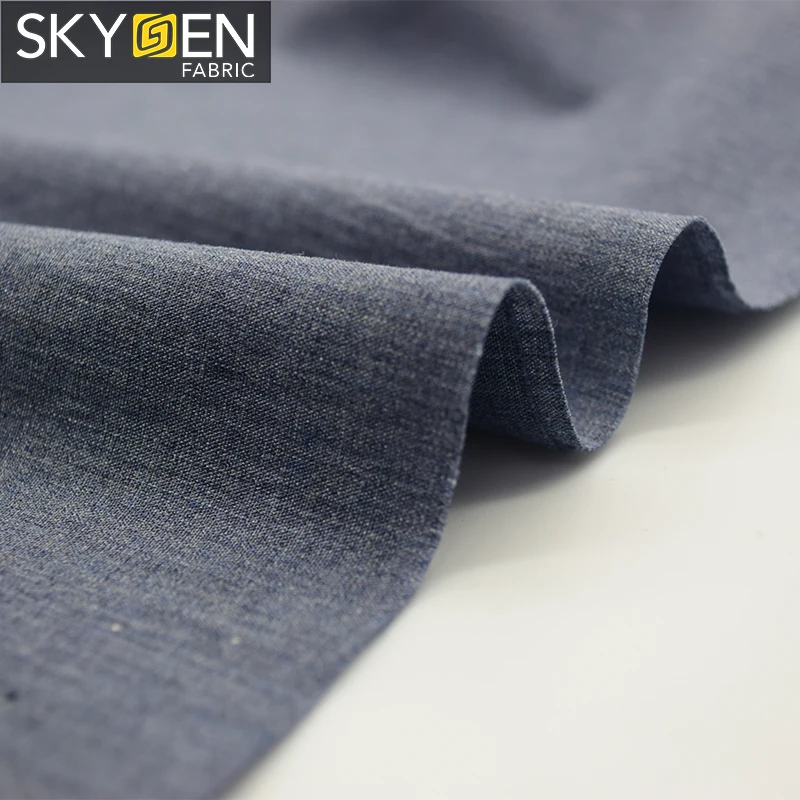 Skygen plain weave soft shirt 100% cotton yarn dyed blue grey melange color yarn shirt fabric