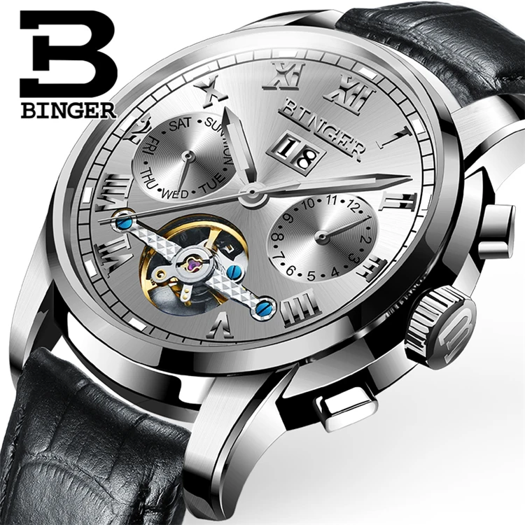 

BINGER 8601 L Brand Luxury Sport Watch Mens Automatic Mechanical Wristwatches Fashion Casual Leather strap Relogio Masculino