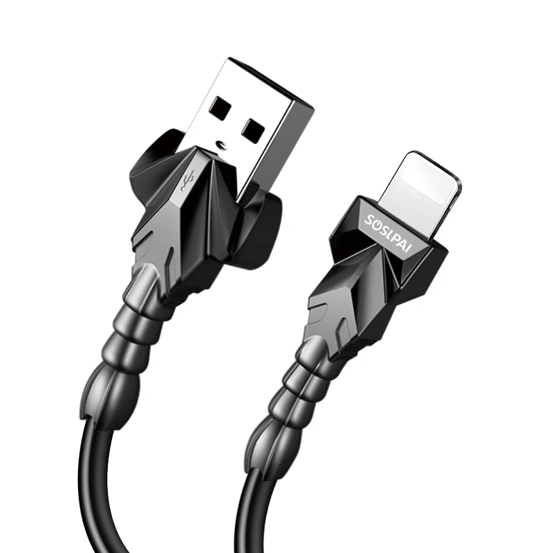 

SOSLPAI wholesale black scorpio design smart flex usb charger cable tpe fabric 2.1a custom data transfer cable for iphone