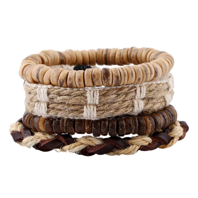 

Handmade DIY Hemp Rope Weave Bracelet Set with Coconut Bead Mens Leather Bracelet