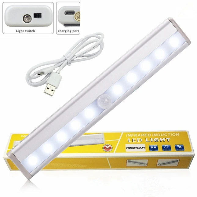 Factory USB Rechargeable DC5V 10 LEDs Motion Sensor Closet Cabinet LED Night Light