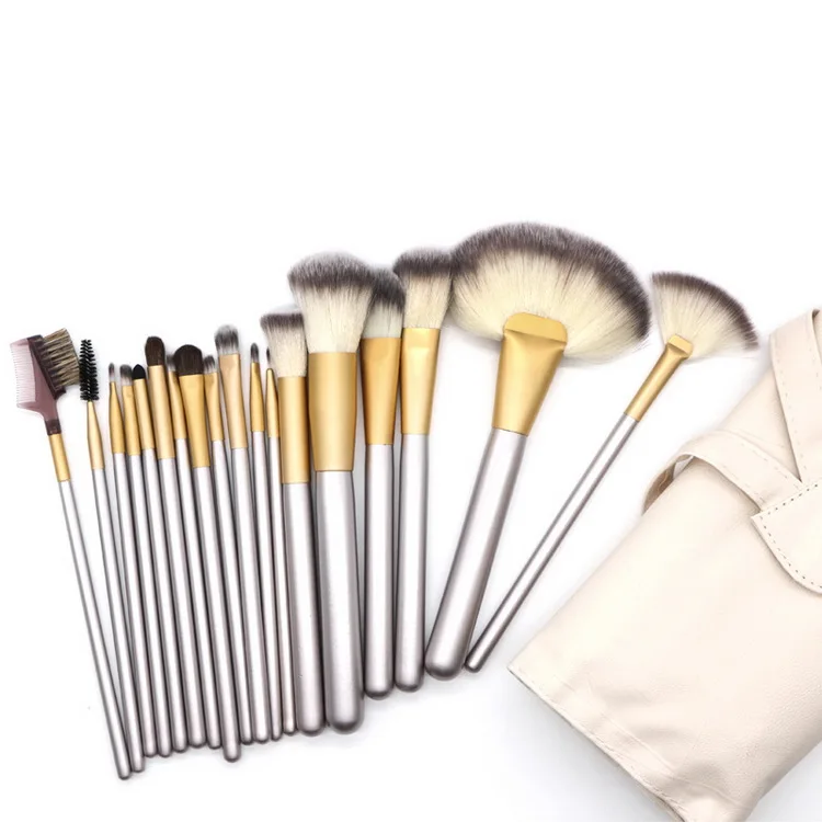 

12pcs 18pcs 24pcs High Quality Champagne Color Wooden Handle Personalised Makeup Brush Set with Magnet Bag, As pics