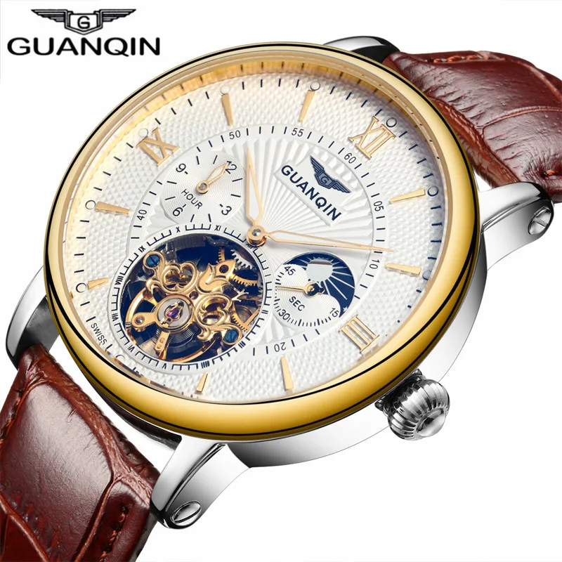 

GUANQIN GJ16036 Men Automatic Mechanical Watches Top Brand Luxury Tourbillon Casual Leather Strap Skeleton Watch, 2 color for you choose