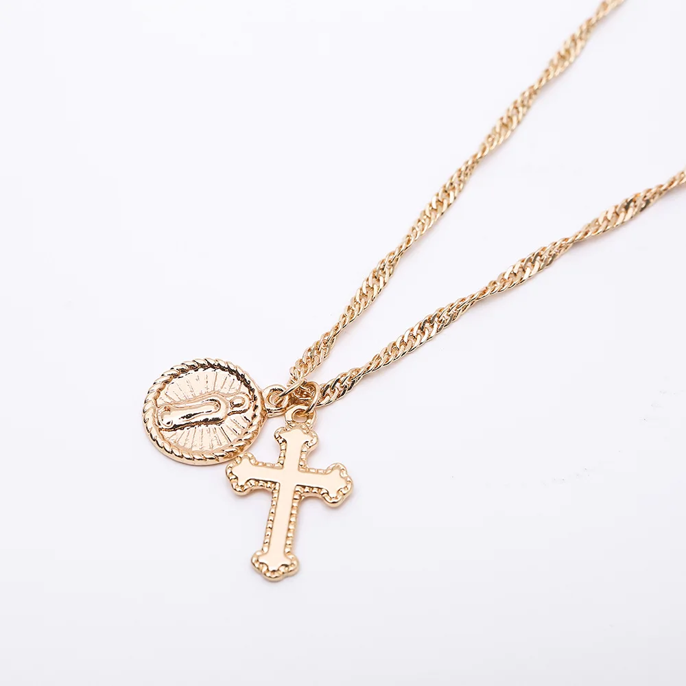 

Religious Jewelry High Quality Gold Tone Double Pendant Choker Necklace Gold Coin Jesus Cross Pendant Necklace