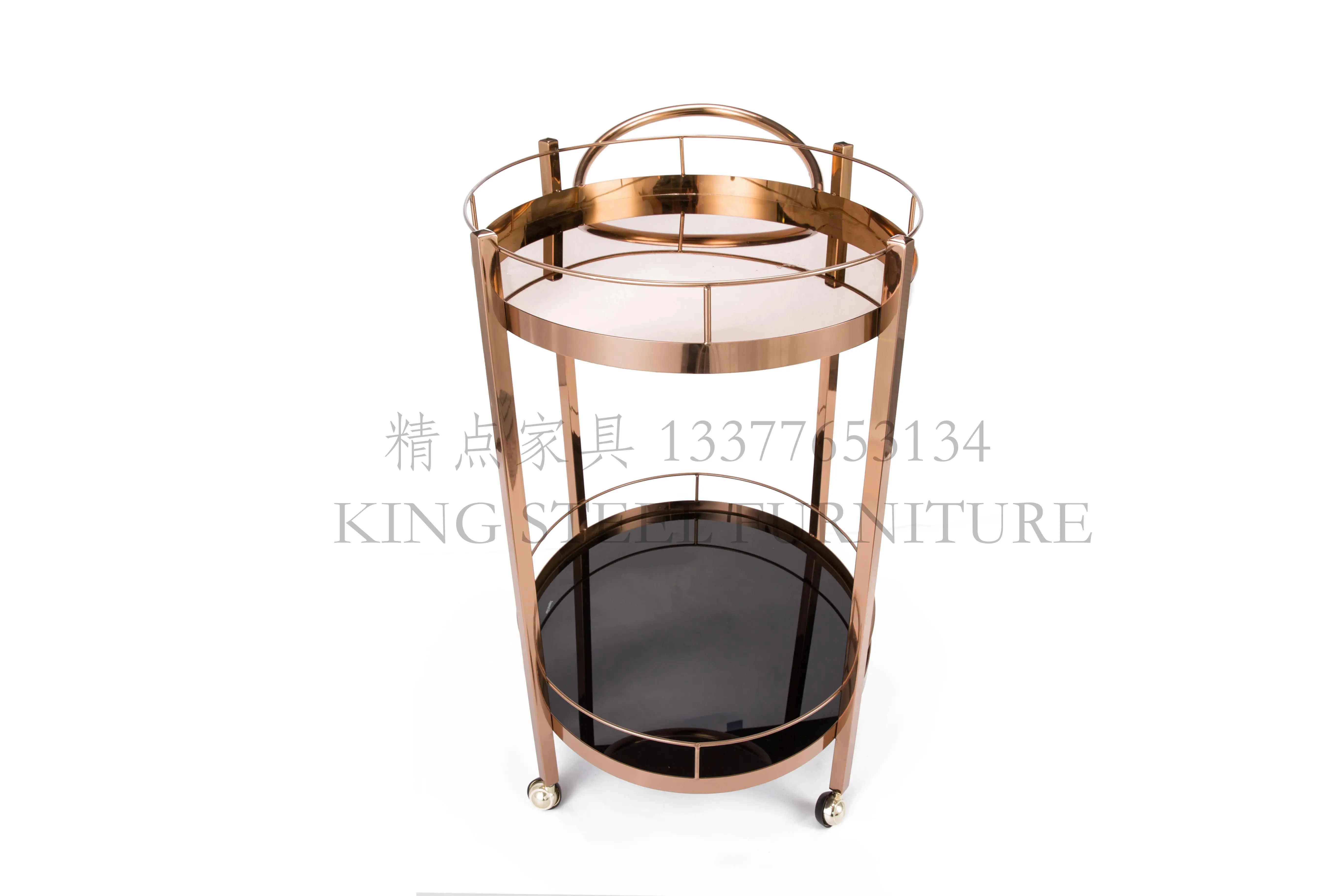 
Luxury liquor trolley rose gold with black glass service trolley for hotel restaurant Food Delivery Trolley oval 