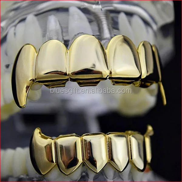 

Blues RTS Gold Plated Full vampire Fang teeth Grillz Top Bottom set for body jewelry, Silver, gold, hematite, rose gold and so on.