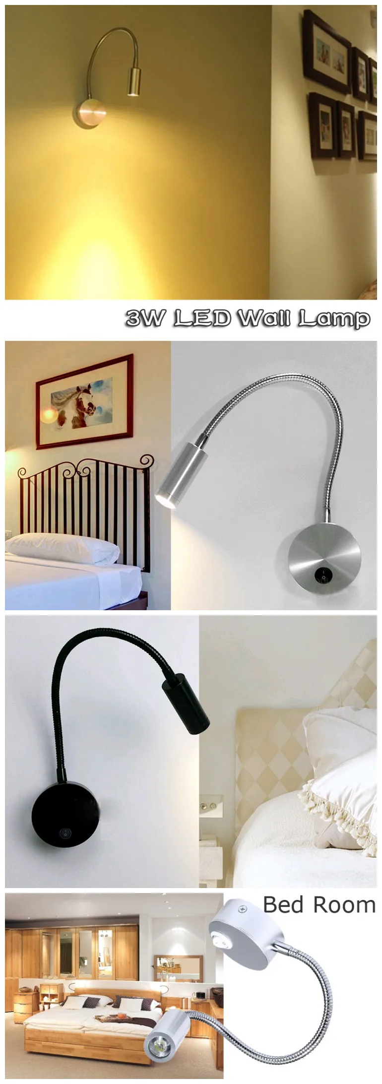 Hotel Bedroom Bedside Headboard Flexible Gooseneck Lamp 3w Wall Mounted