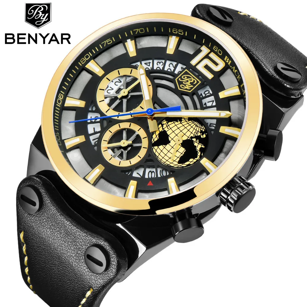 

BENYAR Watch Chronograph Sport Mens Watches Fashion Brand Military Waterproof Quartz Leather Watch Clock Relogio Masculino, 2 colors