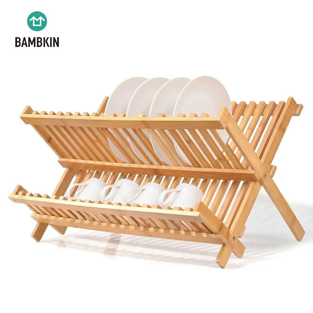 Bambkin Bamboo 2tier Folding Dish Drying Rack Foldable Dish Drainer