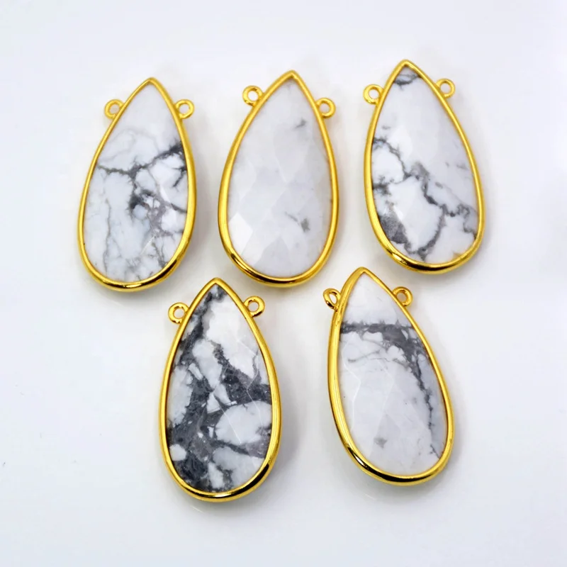

Natural Howlite Pendant Teardrop pear shape connector 30x15mm handmade gold bezel Gemstone Charm white stone jewelry