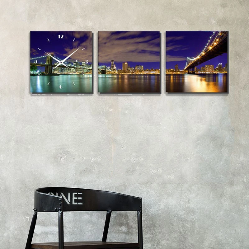 

City night photo print and customized modern Canvas 3 panels Wall Clock