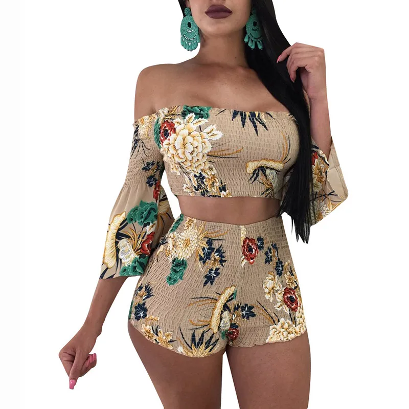 

Off The Shoulder Flare Sleeves Printed Two Pieces Suit Two Piece Set Women Clothing