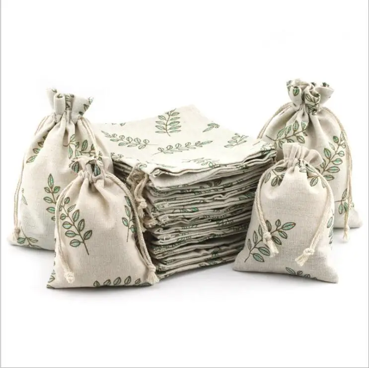 

PP1009 Favour Candy Gift Bags Wedding Party Pouches Green Leaves Pattern Burlap Jute Jewelry Bags