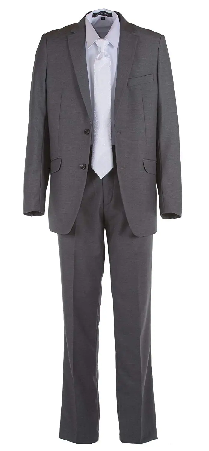 Boys Dark Grey Slim Fit Communion Suit with Silver Cross Dress Tie