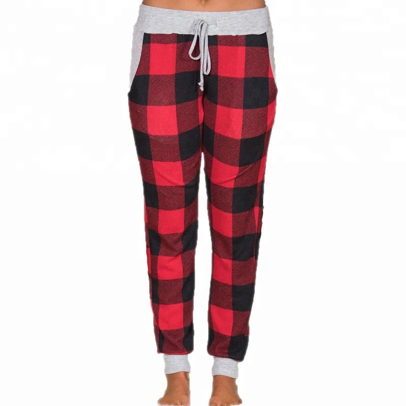 

New Arrive Autumn Winter Plaid Check Cotton Elastic Waist Full Length Pants Trousers For Women Girls, Picture