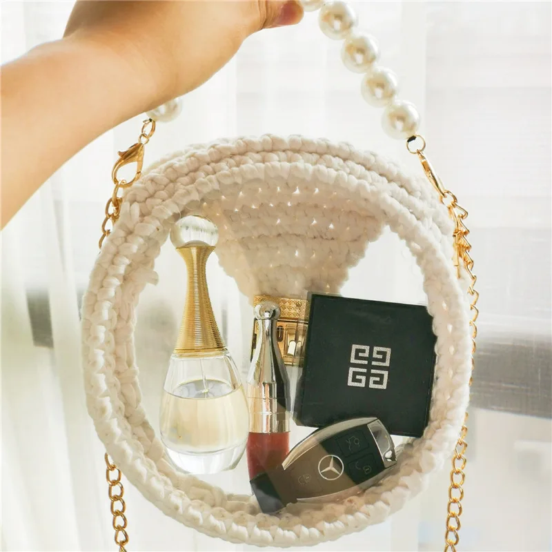

Hyuna style handmade woven fabric bar bag creative acrylic transparent cross bag single shoulder pearl handbag
