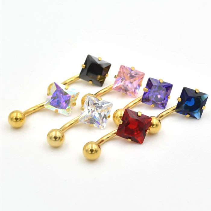 

Mixed LOW MOQ Steel PVD Gold Plated coated Single Square CZ Belly Bar Jewellery