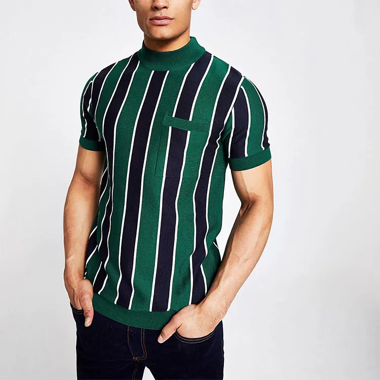 2019 Green Stripe Slim Fit Turtle Neck T-shirt Summer Custom Crew Neck ...