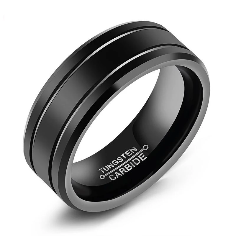 

Custom Free Engrave Content Black Stainless Steel Ring Band Silver Recessed Line Vintage Tungsten Ring