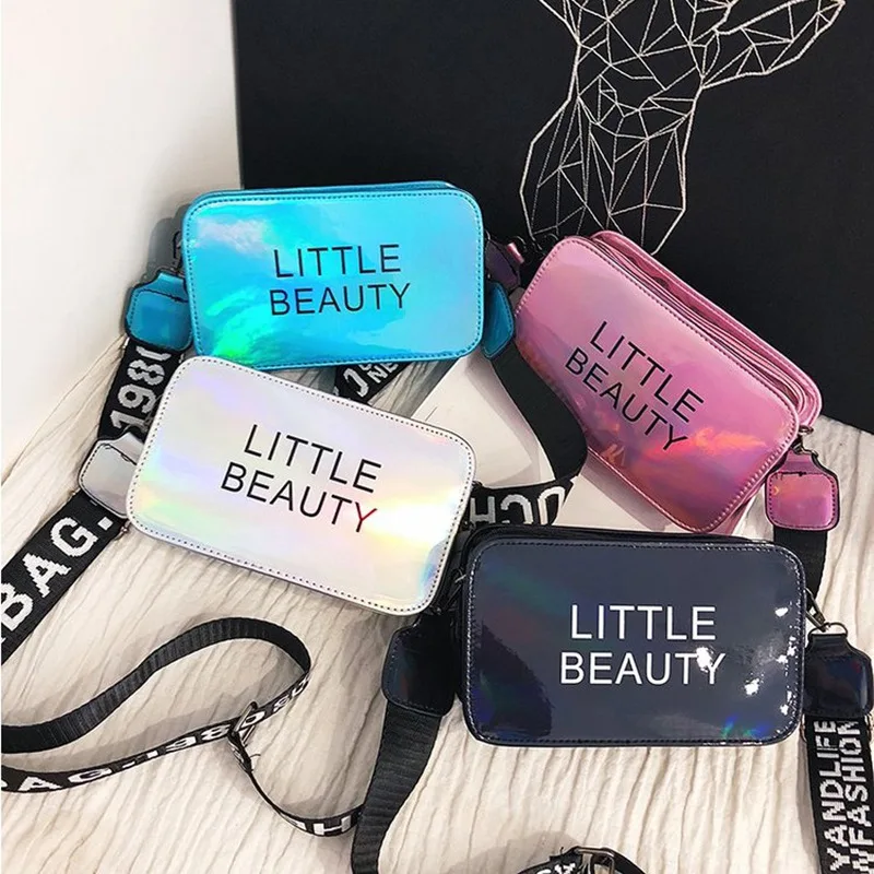 

2019 new Korean trend of single shoulder diagonal package wide shoulder strap laser fashion PU small square package, Customized