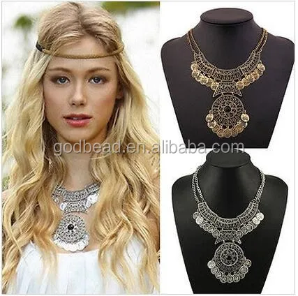 

WIIPU Bohemian Festival Jewelry Fashion Women Double Chain Coin Statement Necklace, Silver