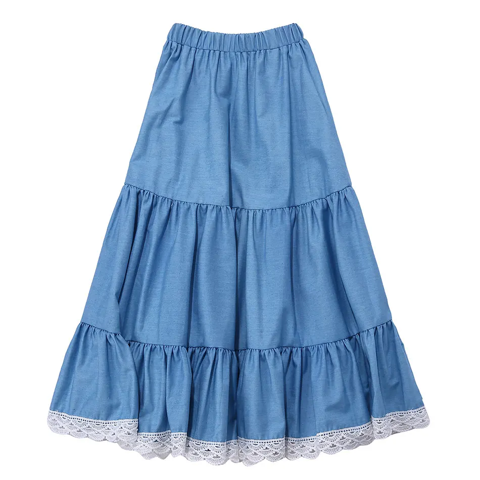 Boutique Hot Sale Kid A-line Skirts Elastic Waist Skirt Lace Denim Long ...