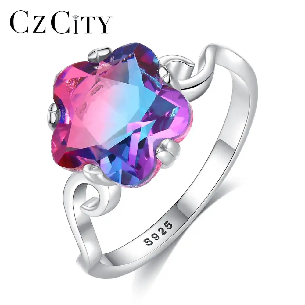 

CZCITY Christmas Gift S925 Sterling Star Rainbow Gemstone Crystal Gem Stone Silver Fashion Ring For Woman