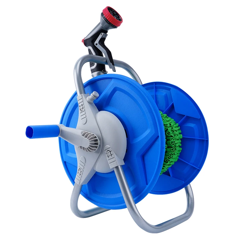 

expandable garden hose reel portable high pressure sprayer metal connector with Hose stand reel cart, Blue