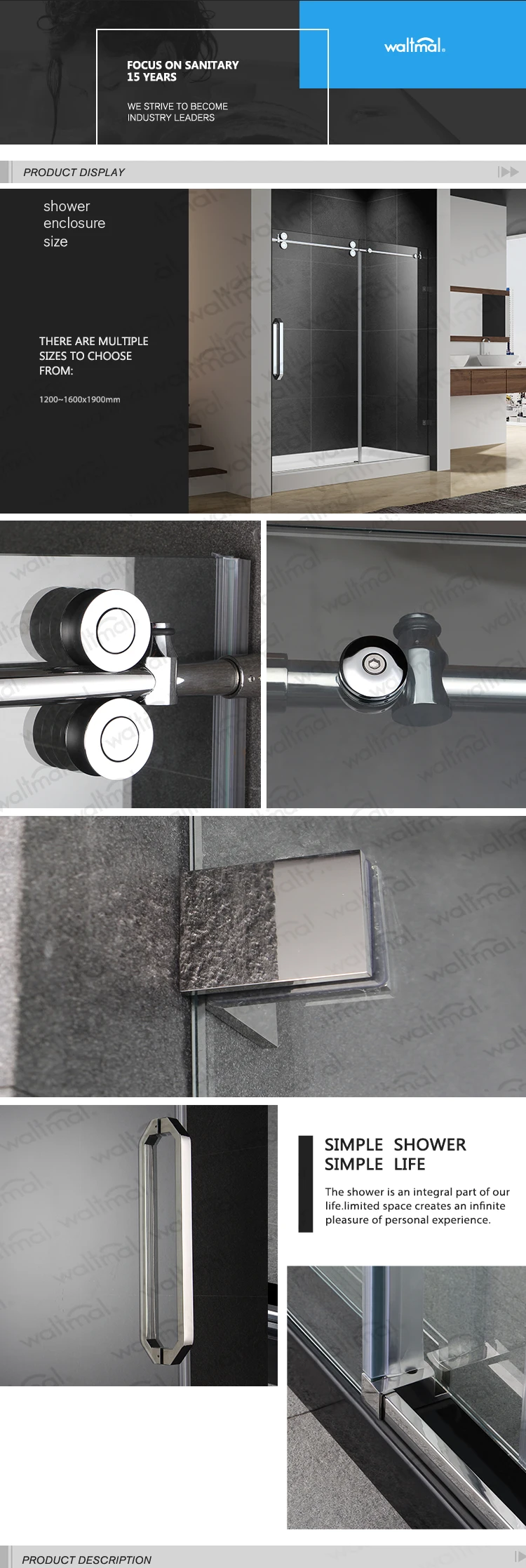 Stainless steel  Roller 10mm Thickness Tempered Glass Sliding Open Style Frameless Shower Glass Door