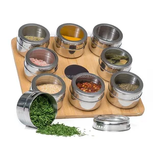 Image of Spice Rack Set Magnetic with Bamboo Wood Stand and Wall Mount, 9 Storage Jars For Spices Organizer Tins and Measuring Spoon