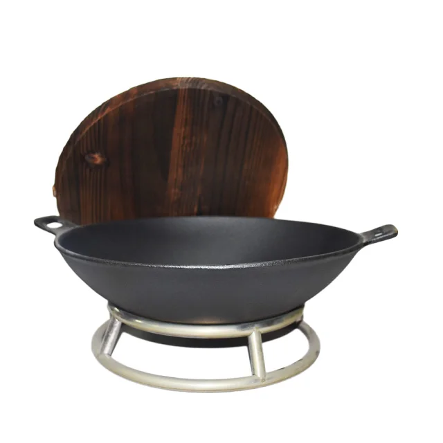 
Two ears big commercial restaurant usage cast iron chinese wok with wooden lid and bracket wholesale cookware set 