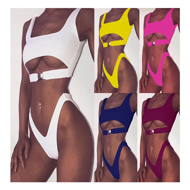 

2019 High Waist Narrow Insert Buckle Two Piece Set Sexy Bikini Solid Color Sexy Women Split Swimsuit Swimwear, Picture or customized