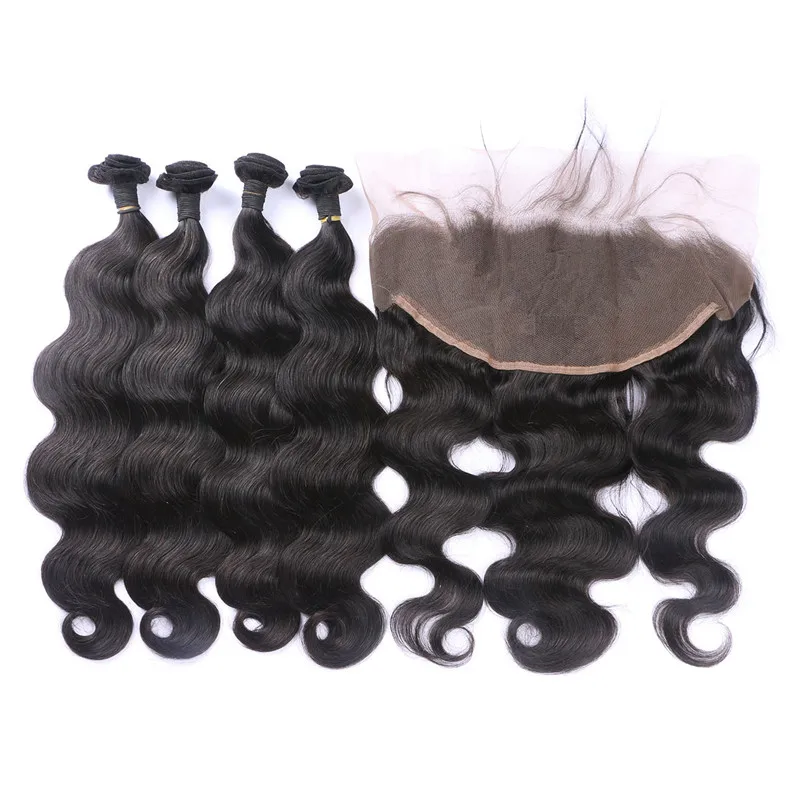 

13X6 Full Lace Frontal Closure With 4 Bundles 100% Human Hair Virgin Malaysian Body Wave Lace Frontals, Natural #1b 2 4 6 613 blonde ombre jet black remy with baby hair bangs