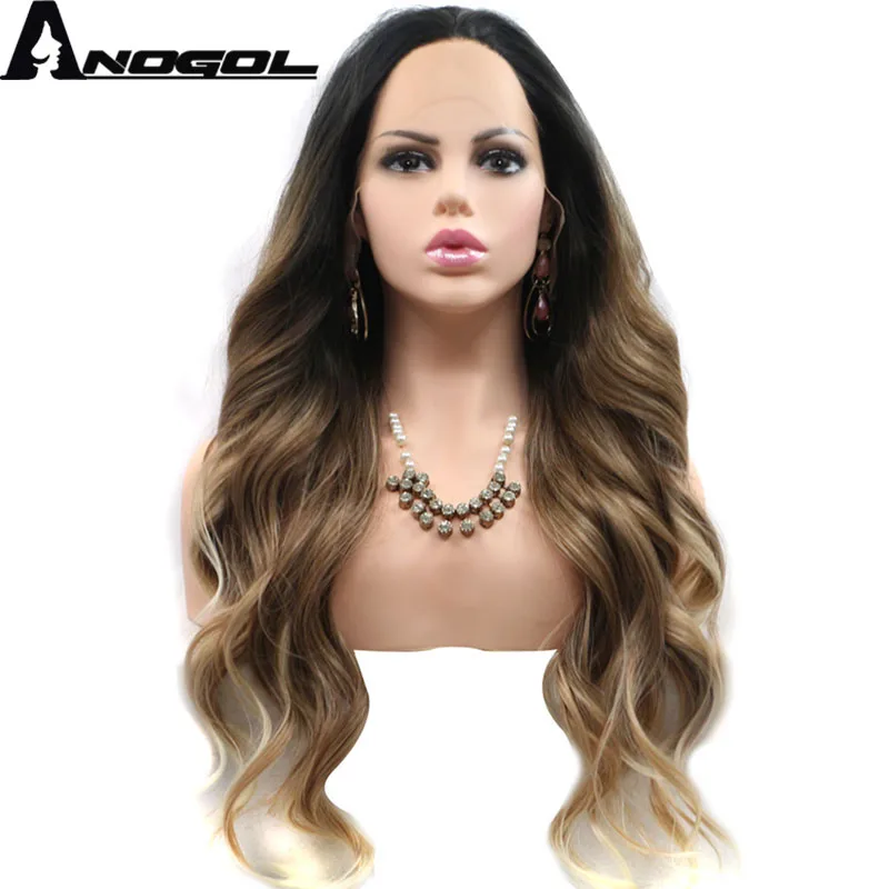 

Anogol 26 inch Long Body Wave Synthetic Hair Wigs Black Ombre Blonde Lace Front Wig For Women with Middle Part