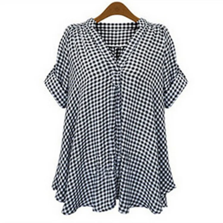 

New Shirt Designs Casual Stand Up Collar Short Sleeve Plaid Loose Fitting Blouse Plus Size Shirts Women Fashion Summer Tops, Blue