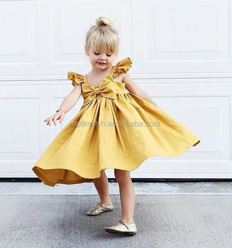 

2018 summer kids baby girl yellow fly sleeve dresses european fashion oversize bow soft cotton tutu fancy dress, Picture
