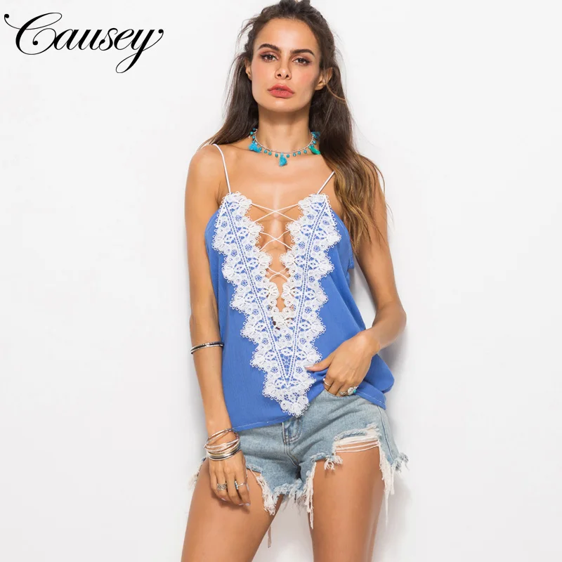 

hot girl summer sexy v neck lace patchwork backless chiffon Spaghetti Strap vest camisole, Blue;green;yellow;white & customized